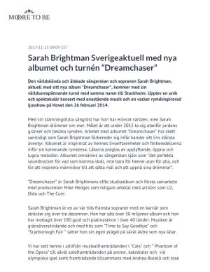 Sarah Brightman Sverigeaktuell Med Nya Albumet Och Turnén ”Dreamchaser”
