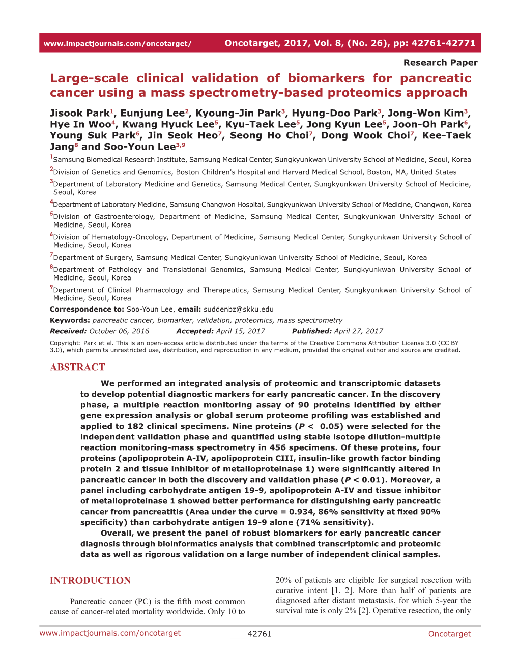 Large-Scale Clinical Validation of Biomarkers for Pancreatic Cancer Using a Mass Spectrometry-Based Proteomics Approach