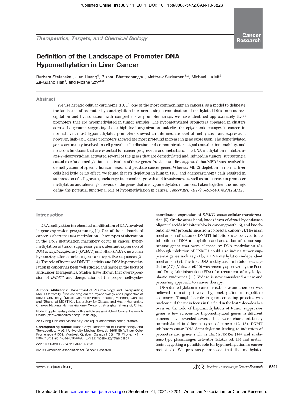 Definition of the Landscape of Promoter DNA Hypomethylation in Liver Cancer