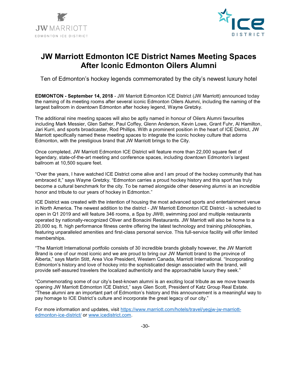 JW Marriott Edmonton ICE District Names Meeting Spaces After Iconic Edmonton Oilers Alumni