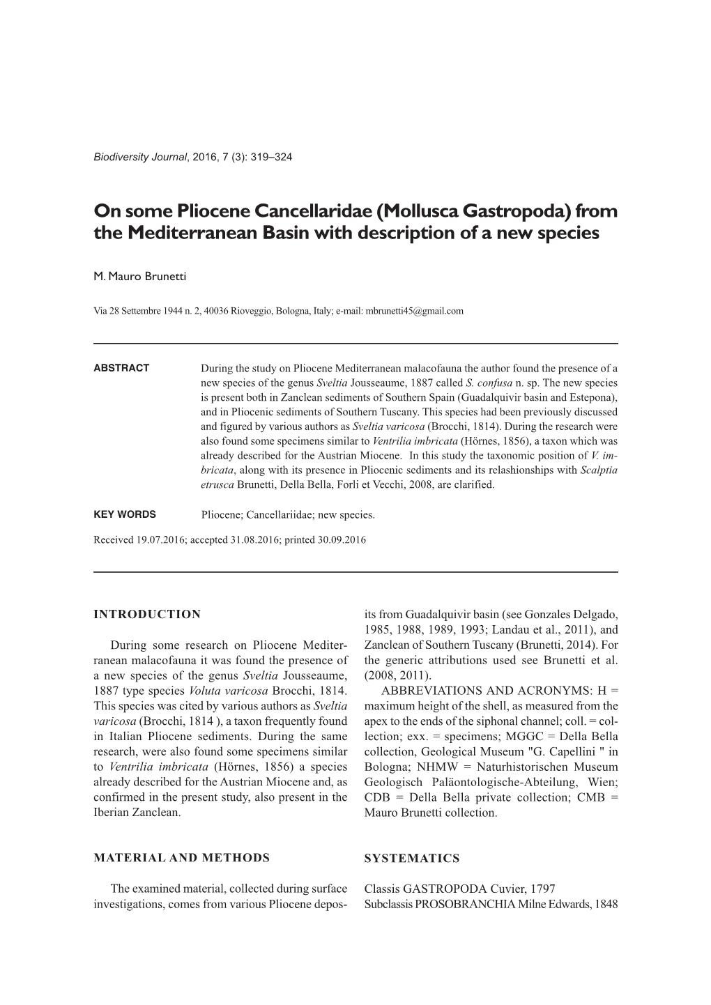 On Some Pliocene Cancellaridae (Mollusca Gastropoda) from the Mediterranean Basin with Description of a New Species