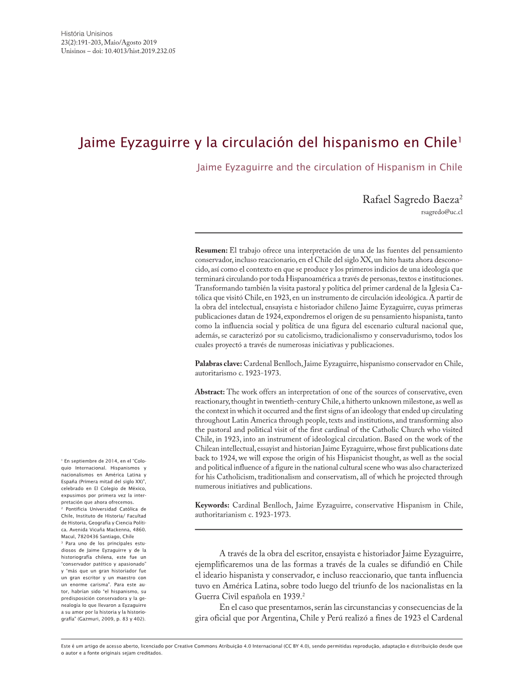 Jaime Eyzaguirre Y La Circulación Del Hispanismo En Chile1