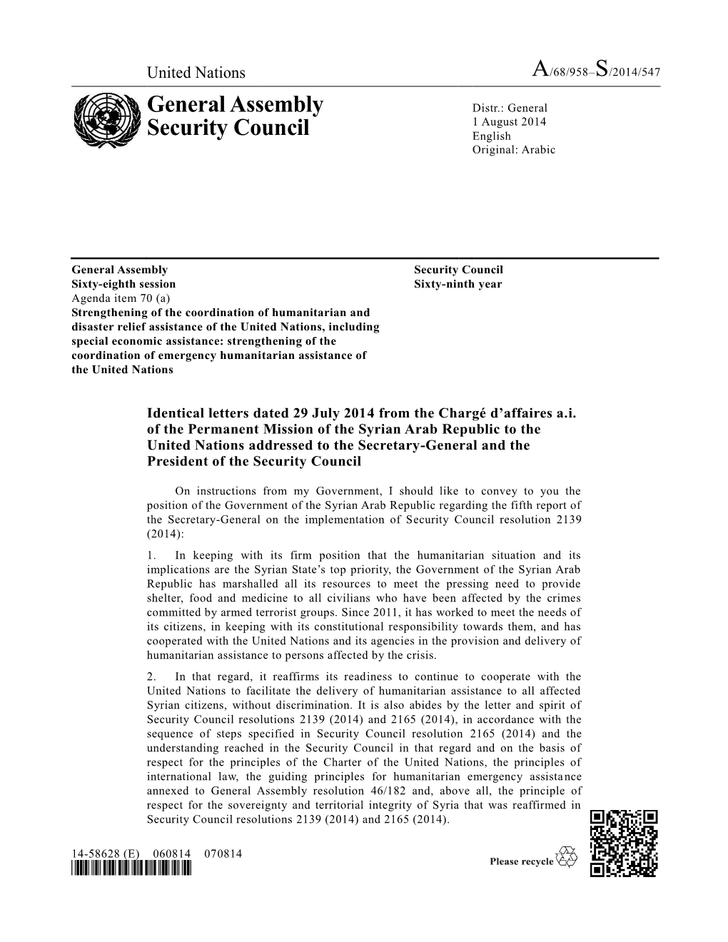 A/68/958–S/2014/547 General Assembly Security Council