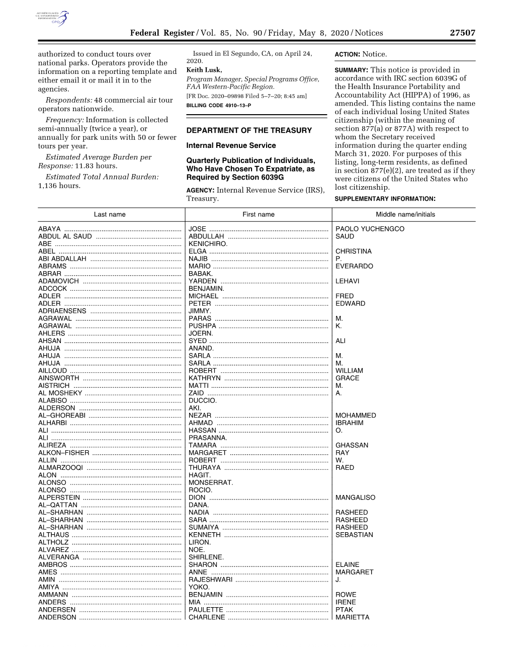 Federal Register/Vol. 85, No. 90/Friday, May 8, 2020/Notices