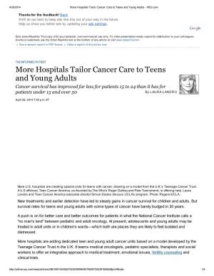 Hospitals Tailor Cancer Care to Teens and Young Adults - WSJ.Com