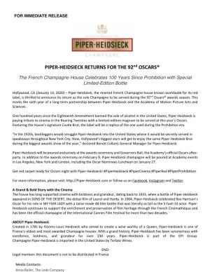 PIPER-HEIDSIECK RETURNS for the 92Nd OSCARS®