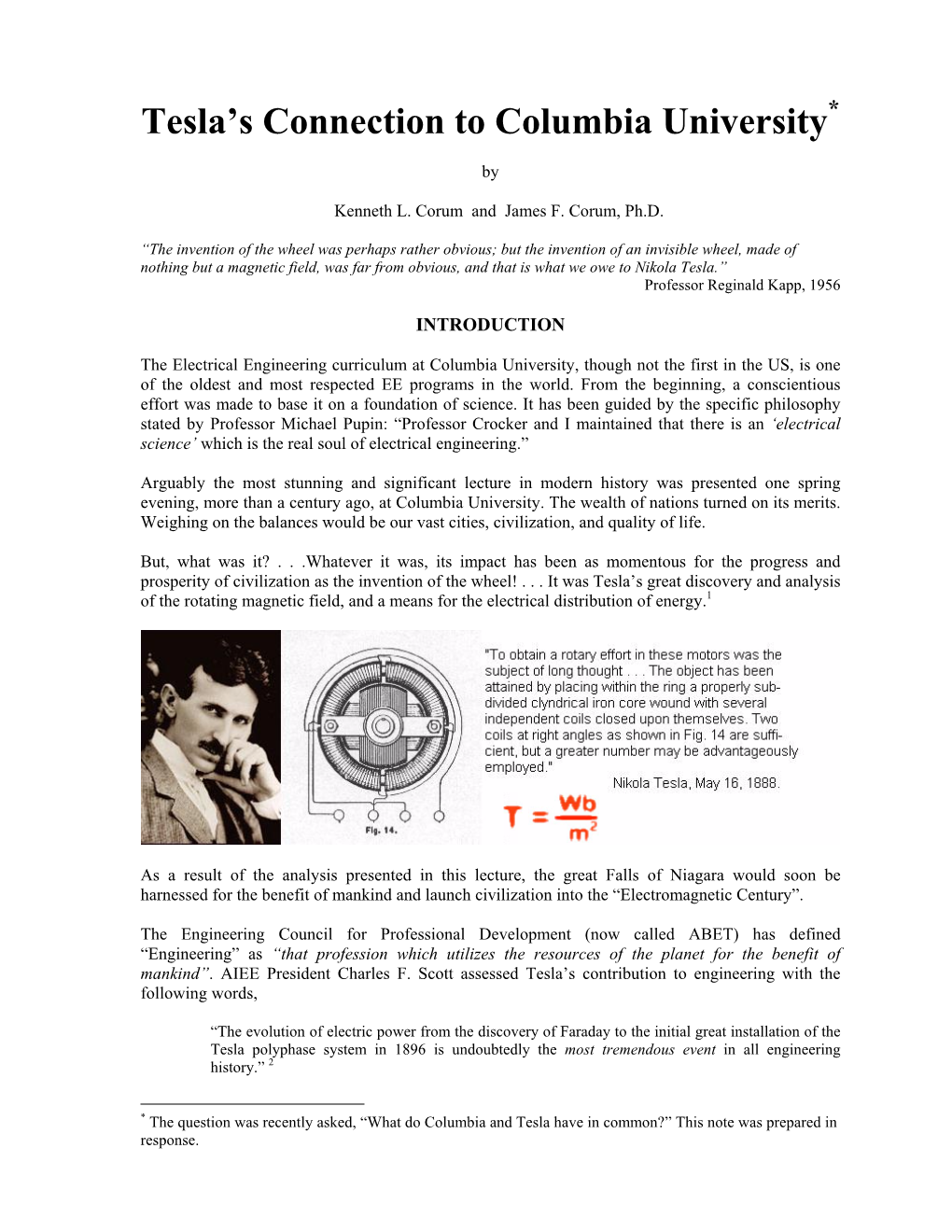 Tesla's Connection to Columbia University by Dr. Kenneth L. Corum