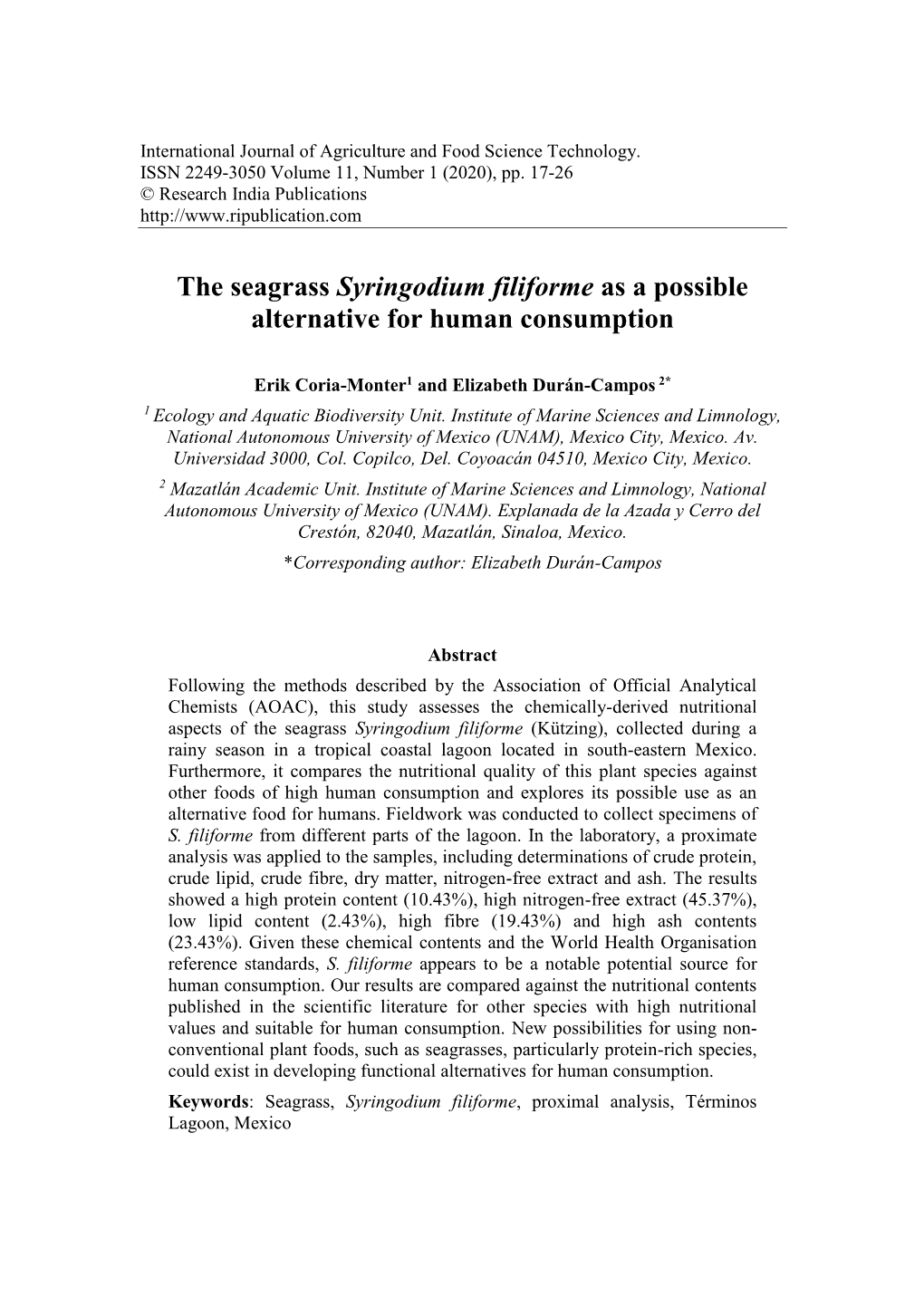 The Seagrass Syringodium Filiforme As a Possible Alternative for Human Consumption