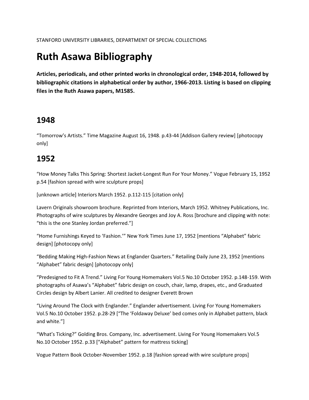 Ruth Asawa Bibliography