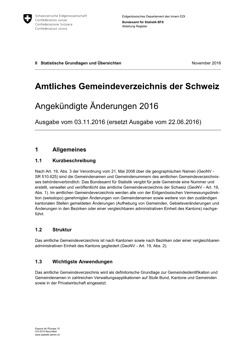 Amtliches Gemeindeverzeichnis Der Schweiz Angekündigte