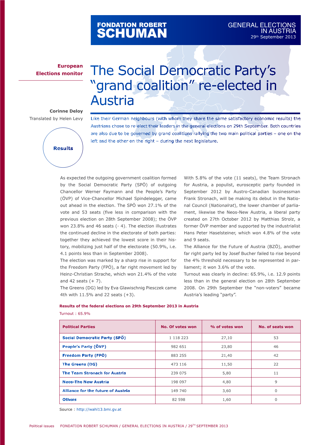 GENERAL ELECTIONS in AUSTRIA 29Th September 2013