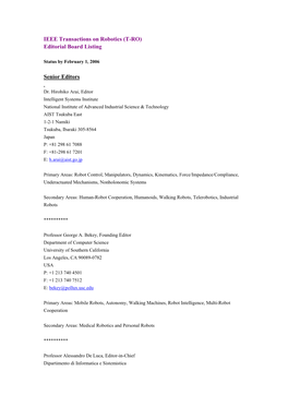 IEEE Transactions on Robotics (T-RO) Editorial Board Listing