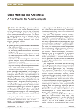 Sleep Medicine and Anesthesia a New Horizon for Anesthesiologists