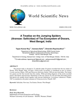 A Treatise on the Jumping Spiders (Araneae: Salticidae) of Tea Ecosystem of Dooars, West Bengal, India