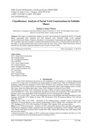 Classificatory Analysis of Serial Verb Constructions in Fulfulde Maare