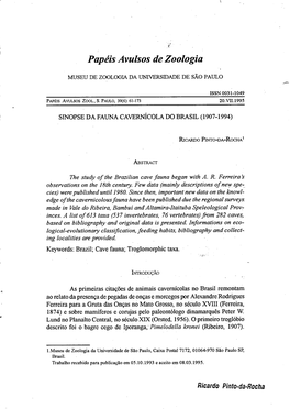 Papkis Avulsos De Zoologia MUSEU DE ZOOLOGIA DA UNIVERSIDADE DE Sao PAUL0 - ISSN 0031-1049 PAPEISAWLSOS ZOOL , S PAULO,39(6) 61-173 20.VII.1995