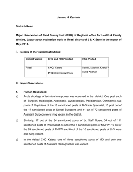 Jammu & Kashmir District- Reasi Major Observation of Field Survey