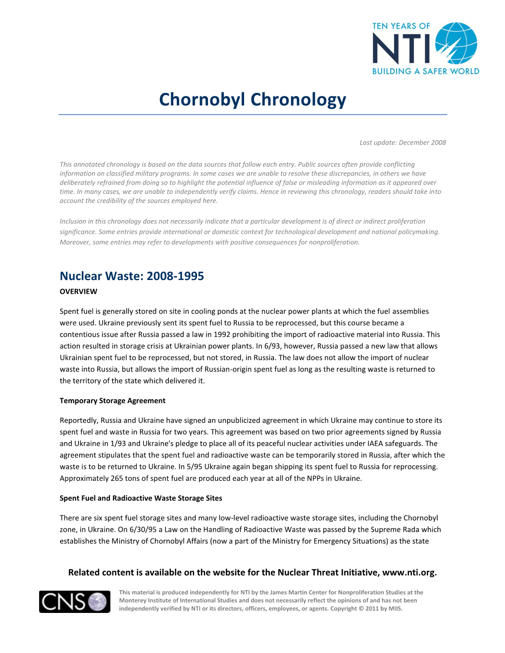 Ukraine Chornobyl Chronology