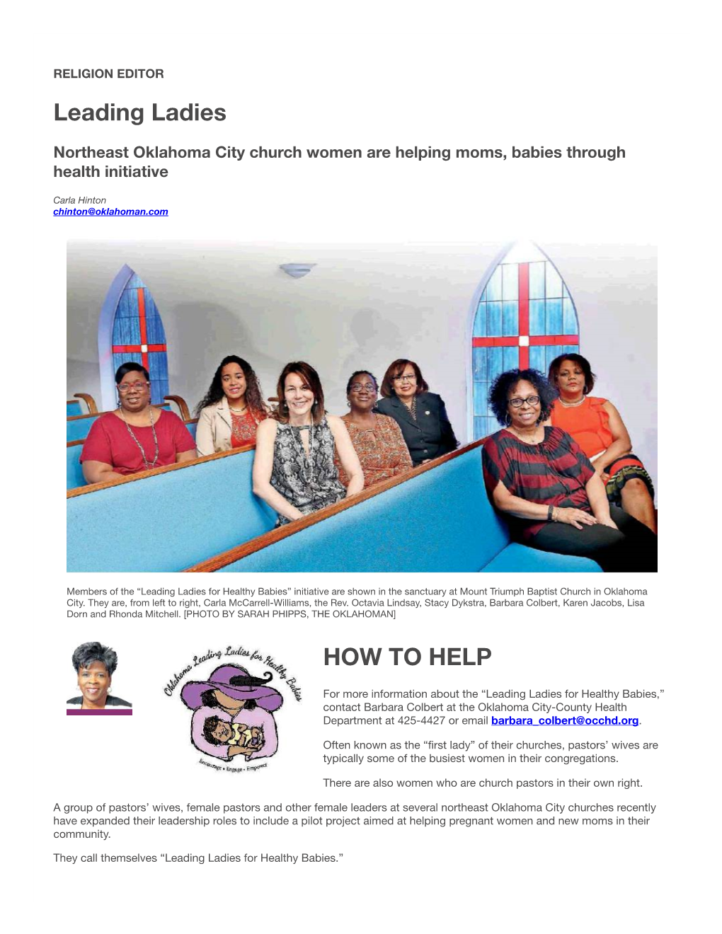 Leading Ladies for Healthy Babies” Initiative Are Shown in the Sanctuary at Mount Triumph Baptist Church in Oklahoma City