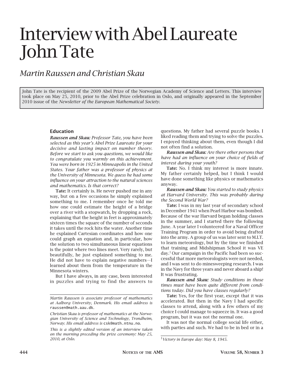 Interview with Abel Laureate John Tate