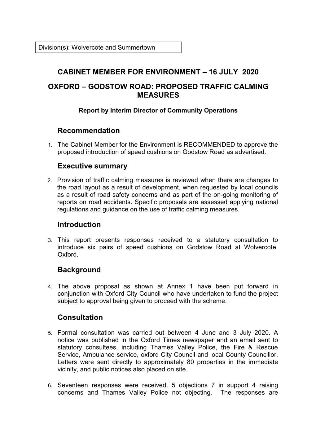 Godstow Road: Proposed Traffic Calming Measures