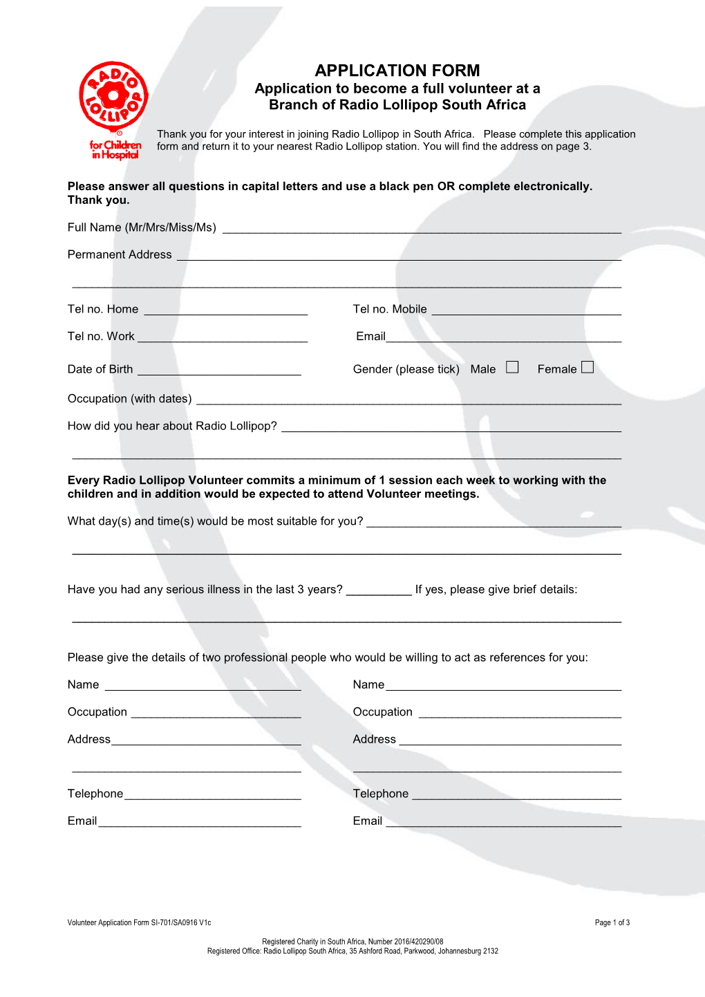 Radio Lollipop South Africa Volunteer Application Form