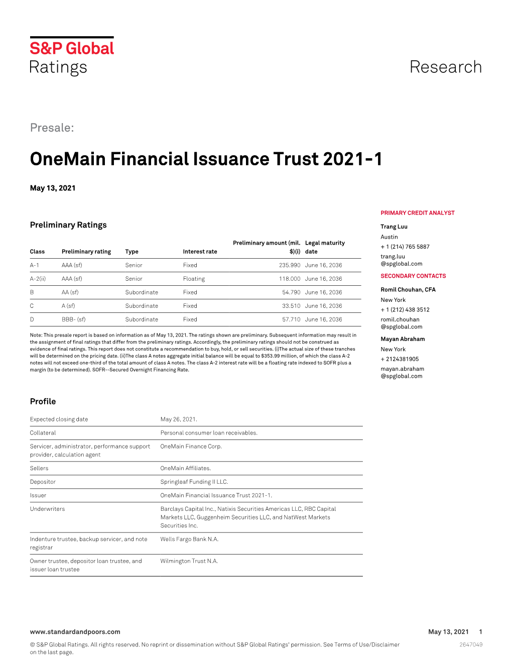 Onemain Financial Issuance Trust 2021-1