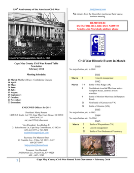 Civil War Historic Events in March Cape May County Civil War Round Table Newsletter 1860 February 2014 No Major Battles, Etc