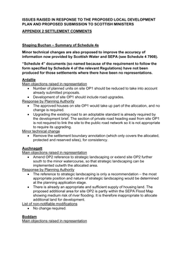 Issues Raised in Response to the Proposed Local Development Plan and Proposed Submission to Scottish Ministers Appendix 2 Settlement Comments