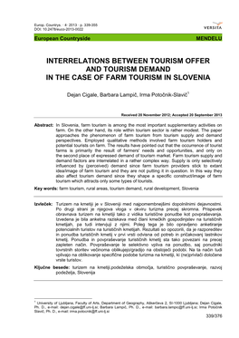 Interrelations Between Tourism Offer and Tourism Demand in the Case of Farm Tourism in Slovenia