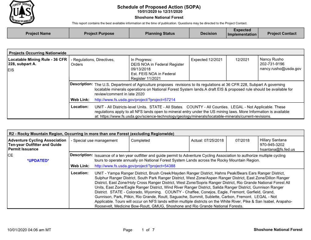 Shoshone National Forest This Report Contains the Best Available Information at the Time of Publication