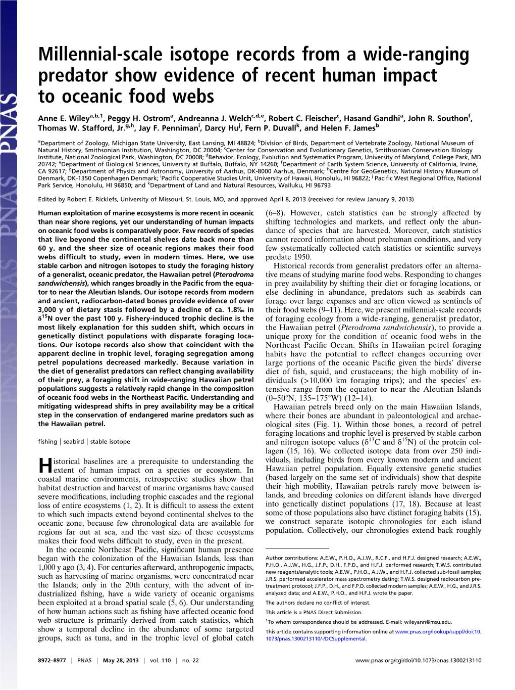 Millennial-Scale Isotope Records from a Wide-Ranging Predator Show Evidence of Recent Human Impact to Oceanic Food Webs