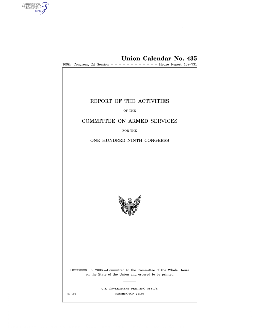 Union Calendar No. 435 109Th Congress, 2D Session – – – – – – – – – – – – House Report 109–731