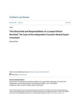 The Ethical Role and Responsibilities of a Lawyer-Ethicist Revisited: the Case of the Independent Counsel's Neutral Expert Consultant