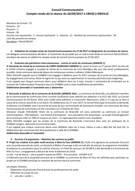 Conseil Communautaire Compte-Rendu De La Séance Du 26/09/2017 À 18H30 À ONVILLE