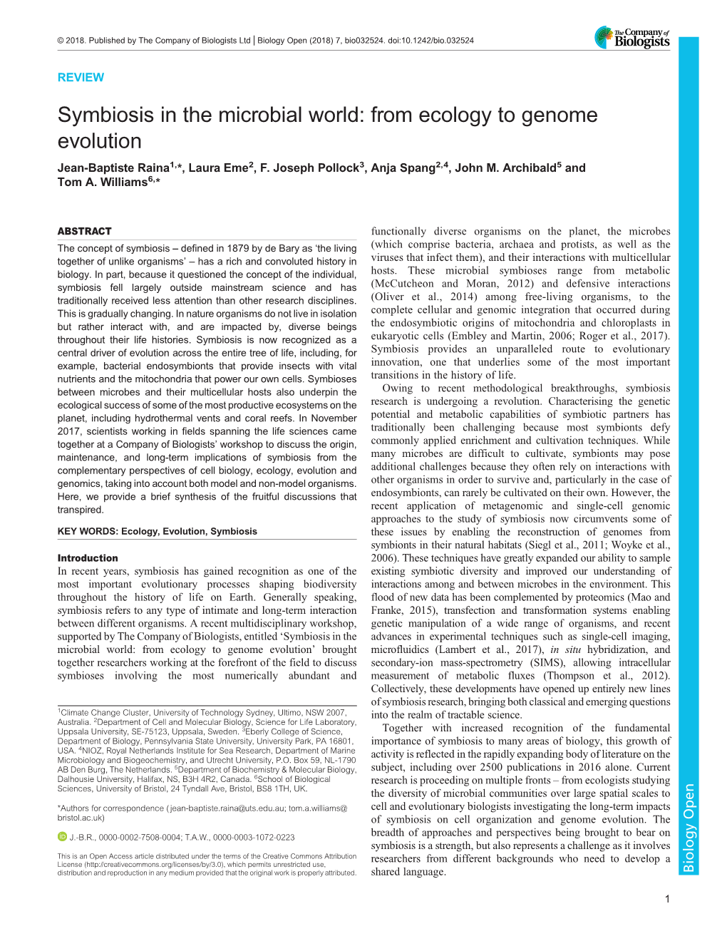 Symbiosis in the Microbial World: from Ecology to Genome Evolution Jean-Baptiste Raina1,*, Laura Eme2, F