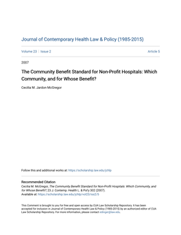 The Community Benefit Standard for Non-Profit Hospitals: Which Community, and for Whose Benefit?