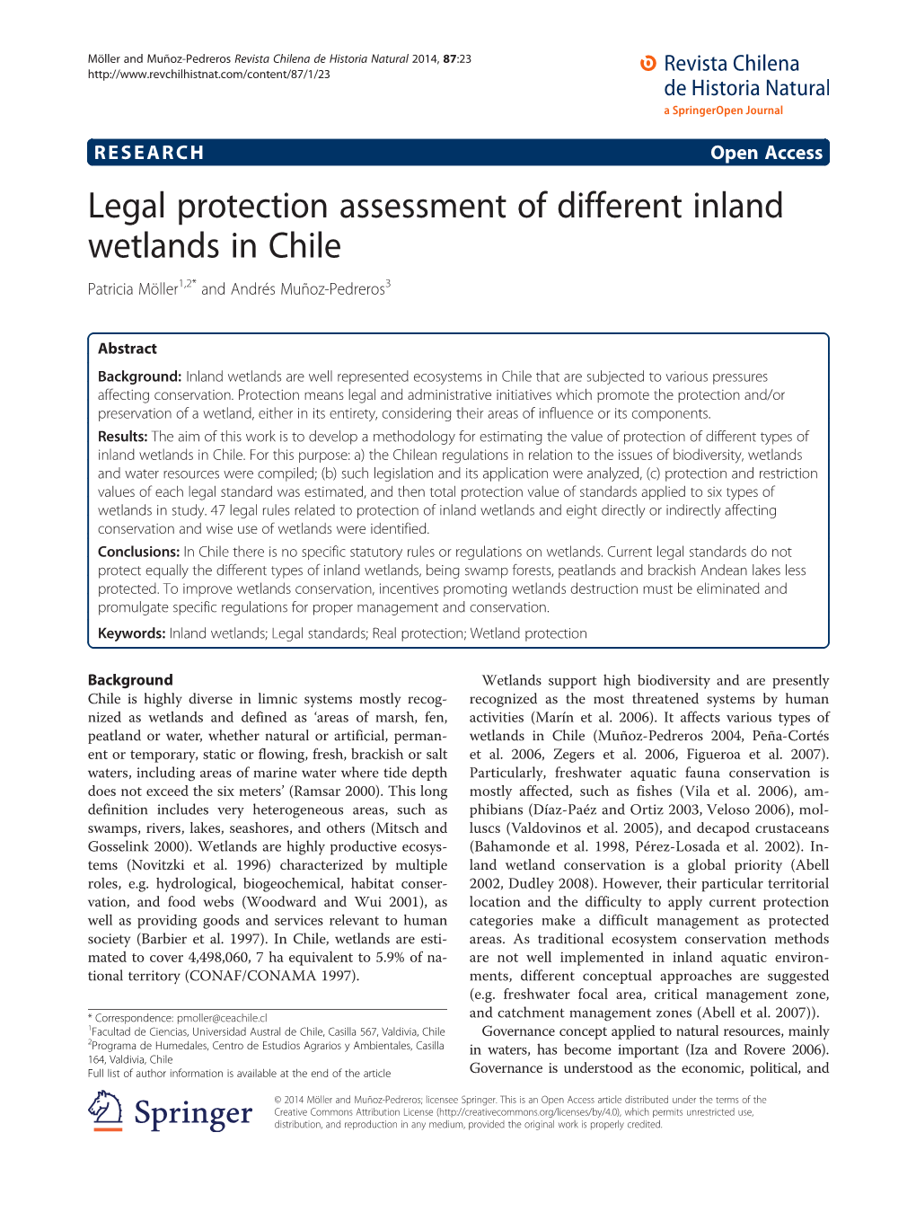 Legal Protection Assessment of Different Inland Wetlands in Chile Patricia Möller1,2* and Andrés Muñoz-Pedreros3