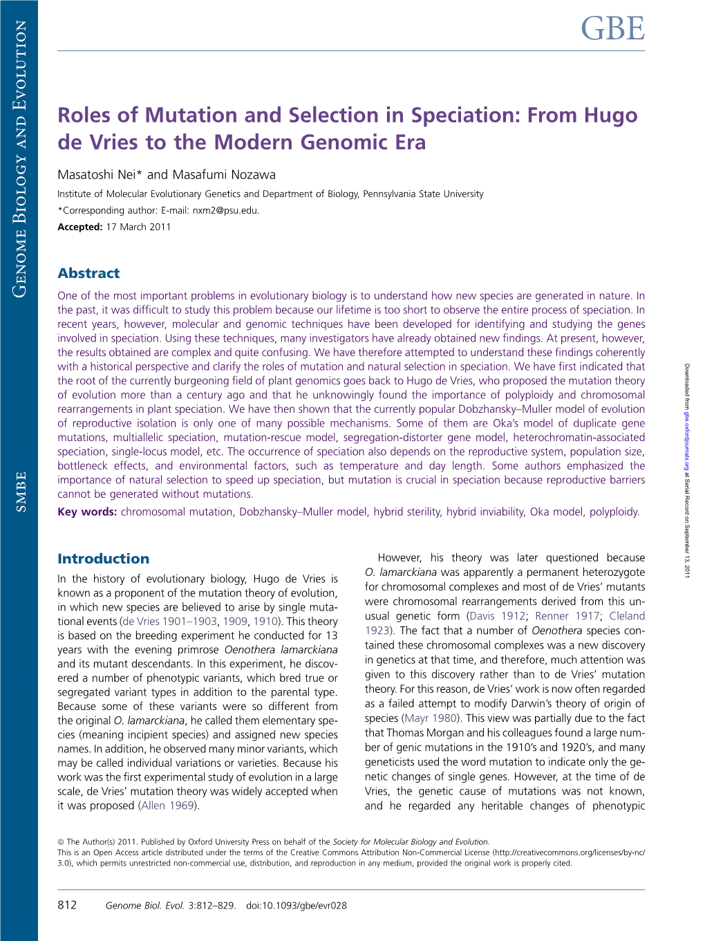 Roles of Mutation and Selection in Speciation: from Hugo De Vries to the Modern Genomic Era