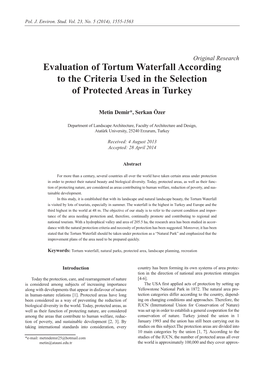Evaluation of Tortum Waterfall According to the Criteria Used in the Selection of Protected Areas in Turkey