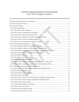 AZ Draft Underground Injection Control Program AAC Title 18, Chapter 9, Article 6