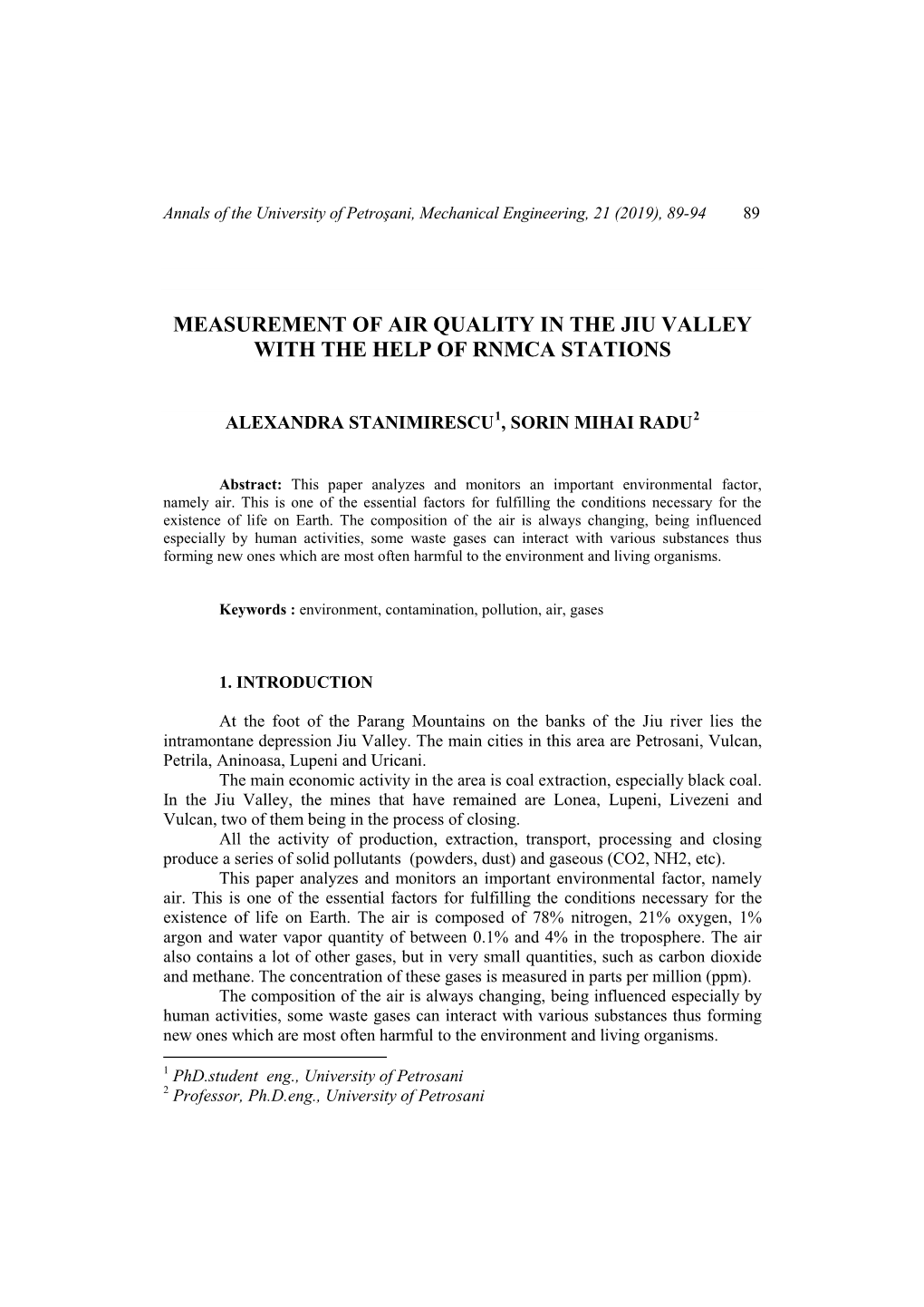 Stanimirescu, A., Radu, S.M., Measurement of Air