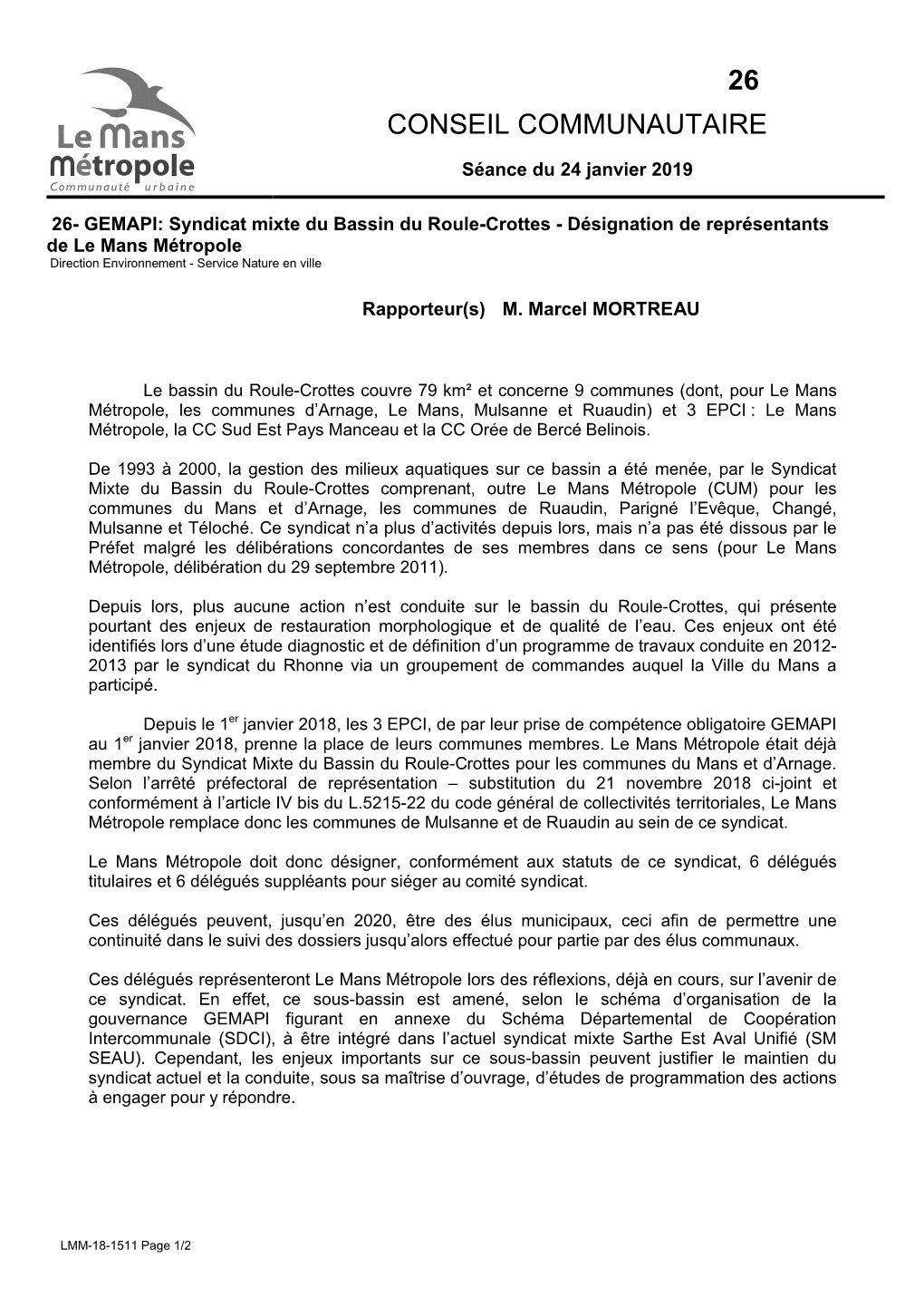 Syndicat Mixte Du Bassin Du Roule-Crottes - Désignation De Représentants De Le Mans Métropole Direction Environnement - Service Nature En Ville