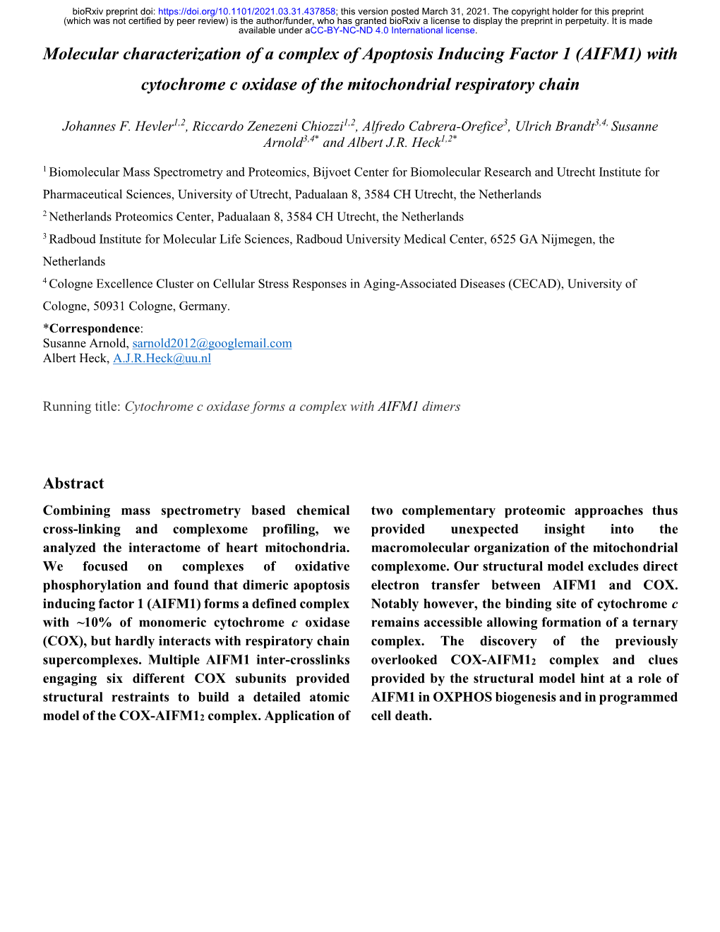 AIFM1) with Cytochrome C Oxidase of the Mitochondrial Respiratory Chain