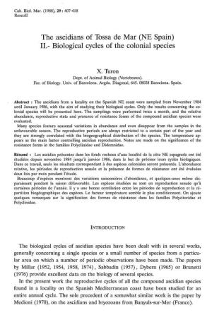 The Ascidians of Tossa De Mar (NE Spain) II.- Biological Cycles of the Colonial Species