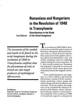 Romanians and Hungarians in the Revolution of 1848 in Transylvania (Contributions to the Study Loan Bolovan of the Social Imaginary) T the Inventory of the Symbols ^K