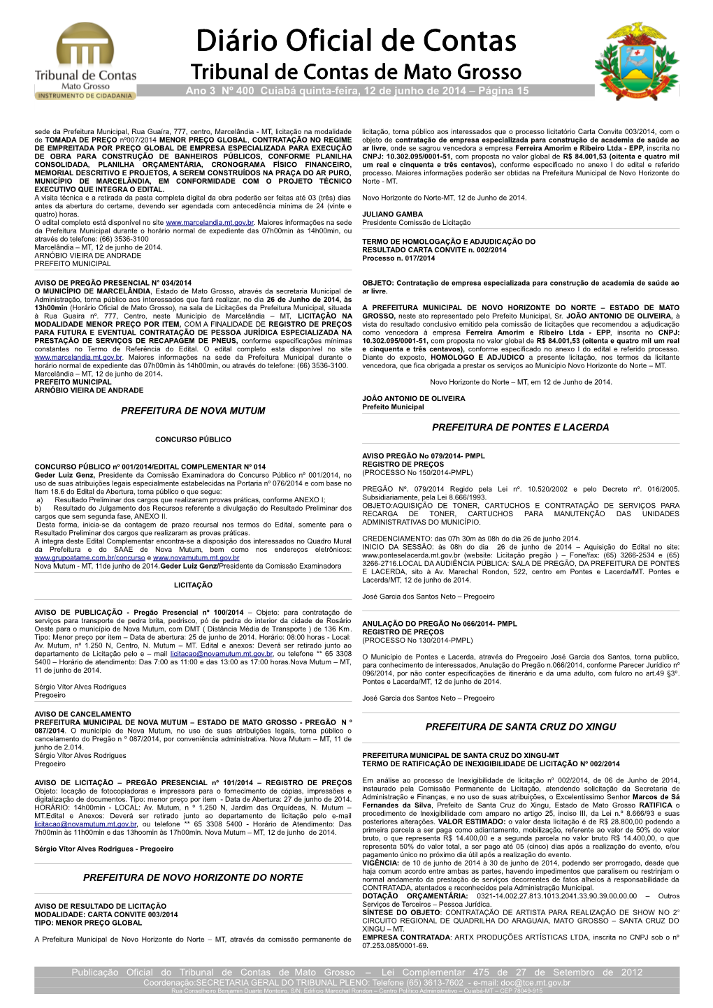 Diário Oficial De Contas Tribunal De Contas De Mato Grosso Ano 3 Nº 400 Cuiabá Quinta-Feira, 12 De Junho De 2014 – Página 15