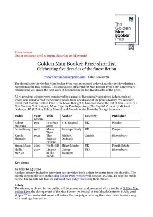 Golden Man Booker Prize Shortlist Celebrating Five Decades of the Finest Fiction