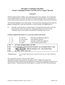 Former Cataloging Practices You May See in “Legacy” Records -- "Answers"