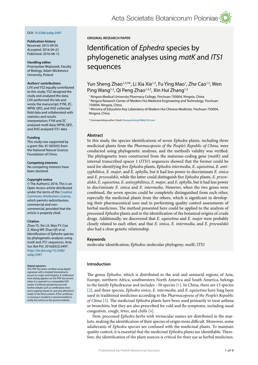 Identification of Ephedra Species by Phylogenetic Analyses Using Matk